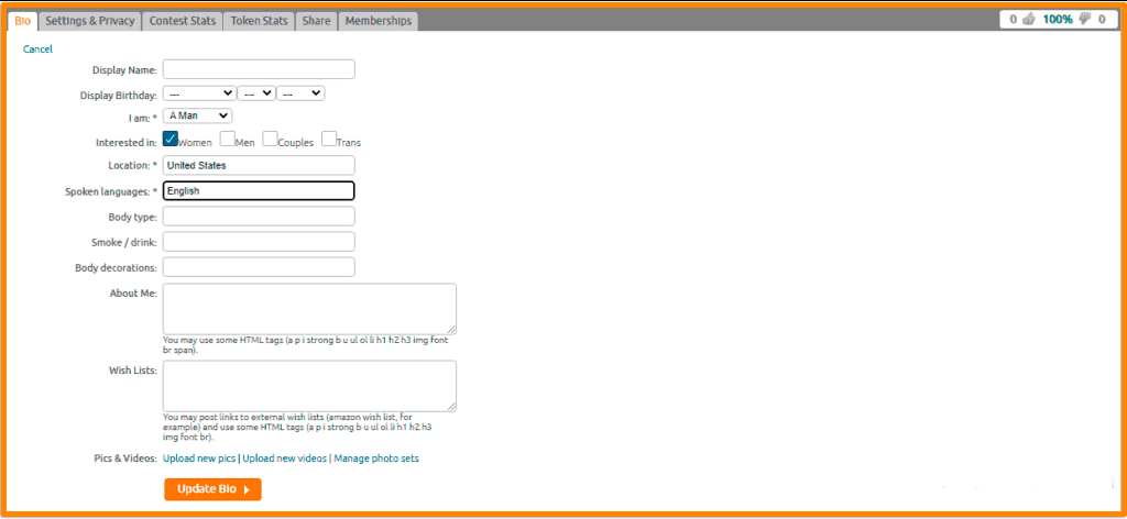 Web model personal account settings