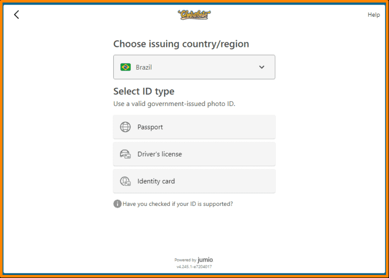 Choose issuing country/region and select ID type on Chaturbate