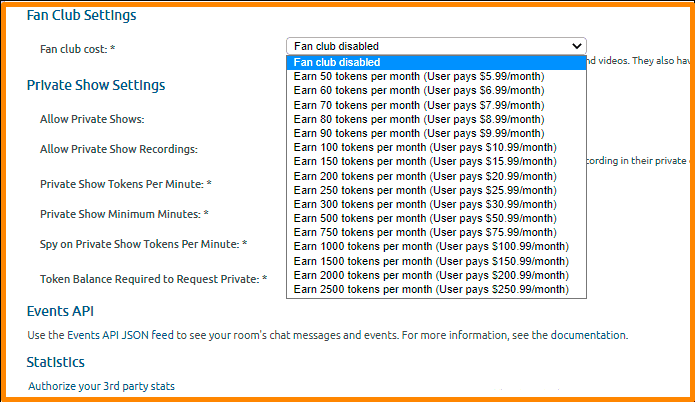 Web model fan club settings