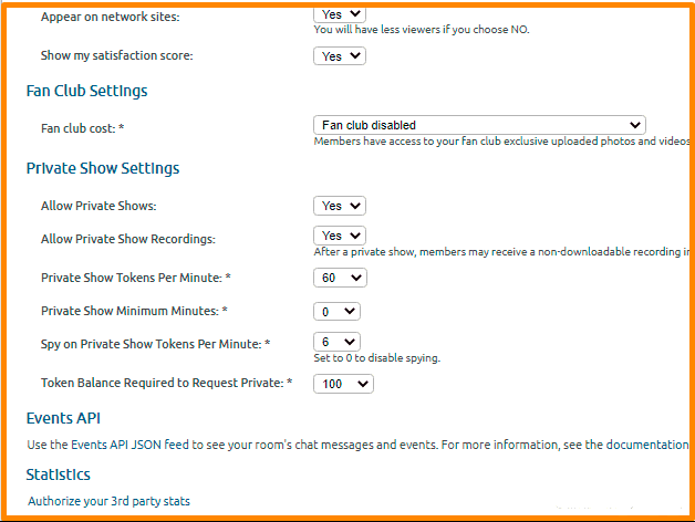 Web model personal account settings