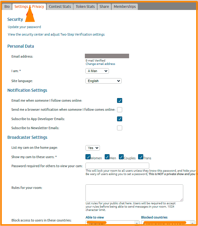 Web model personal account settings and privacy