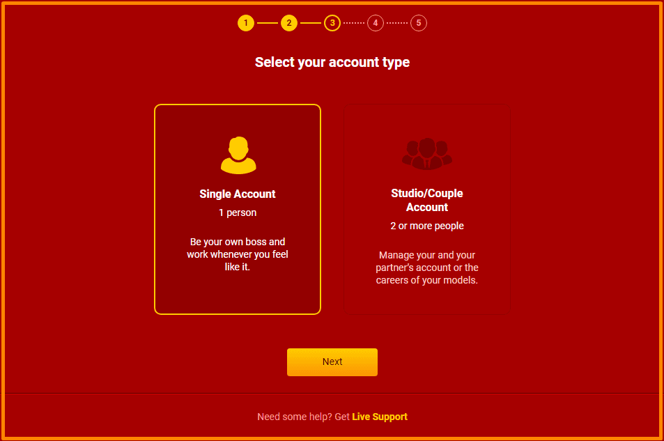 LiveJasmin Model Center: Select your account type