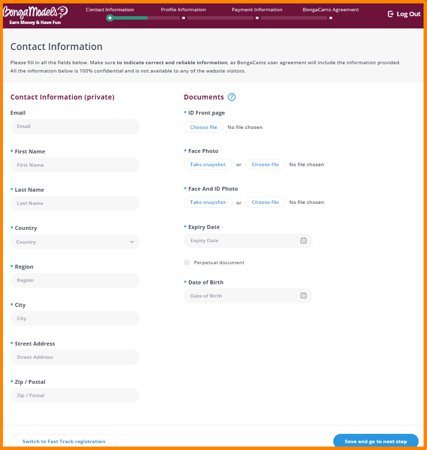 Contact Information settings on Bongamodels