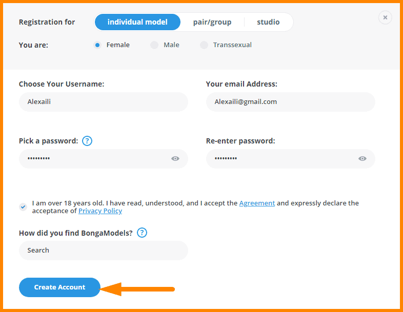 Create Accaunt on Bongamodels