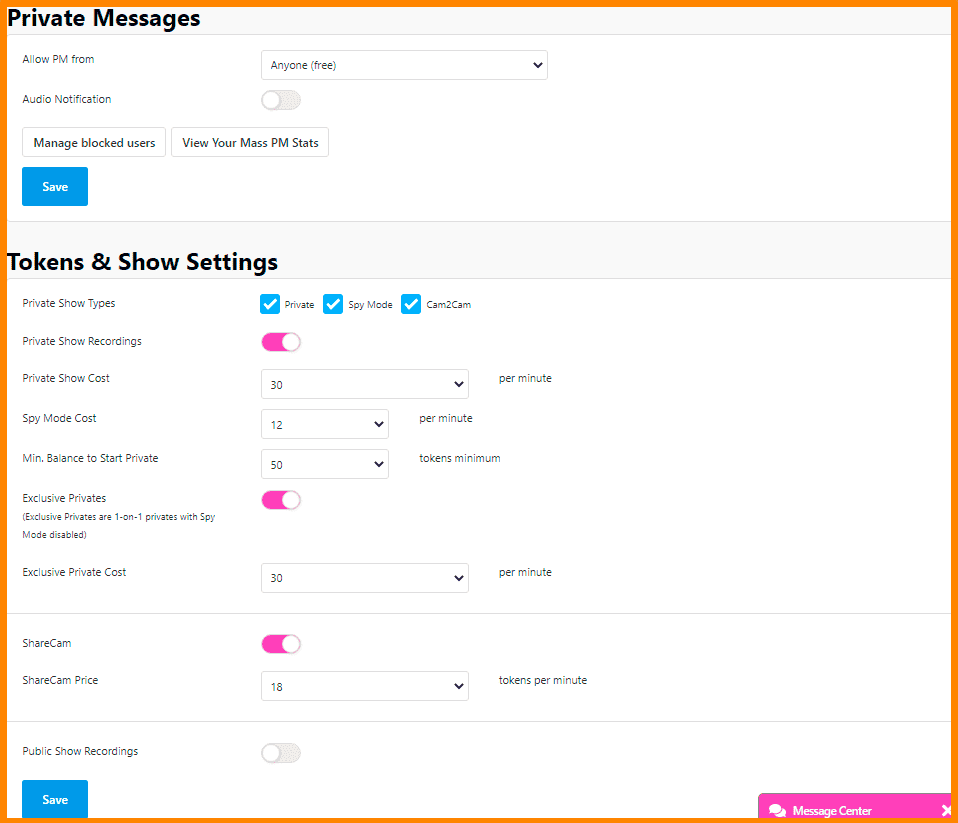 Section: Settings & Privacy on CamSoda