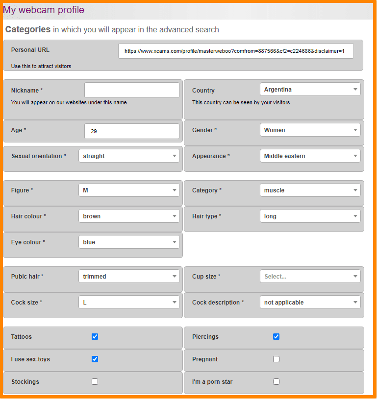 My webcam profile settings on XcamsModels