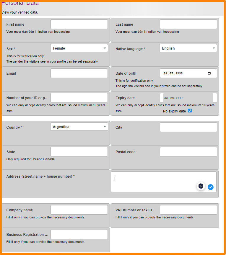 Personal Data settings on XcamsModels